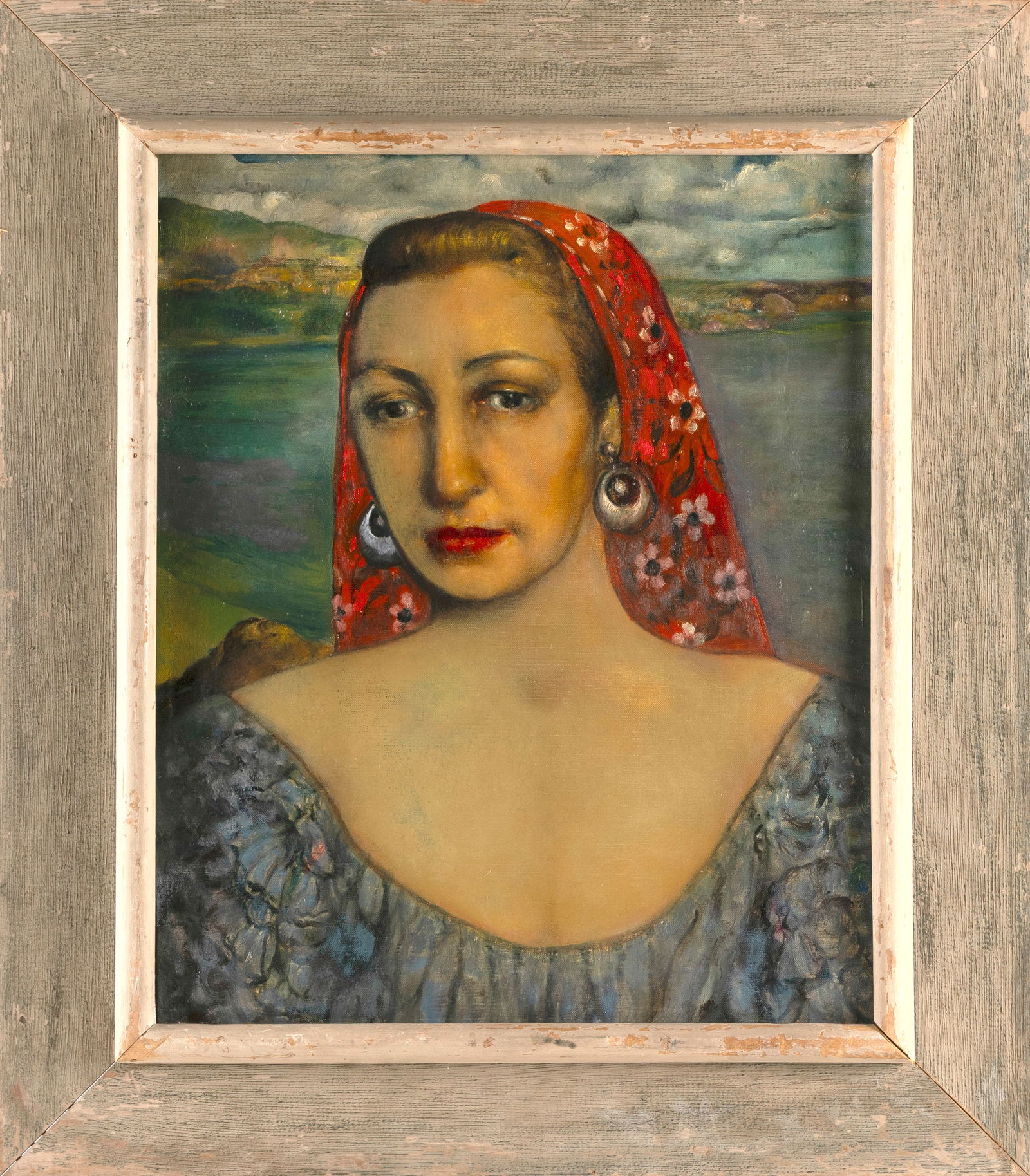 AMERICAN SCHOOL PORTRAIT OF A FISHERWOMAN (Early 20th Century): AMERICAN SCHOOL PORTRAIT OF A FISHERWOMANEarly 20th CenturyUnsigned. Partial Ogunquit Art Center label on stretcher. Stretcher is also marked "Corbino."Oil on canvas, 22" x 18". Framed 29" x 25.5".