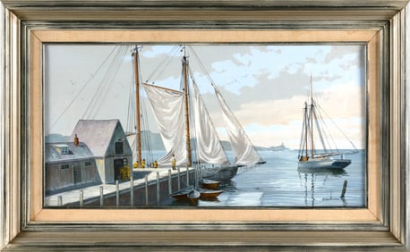 BEN NEILL (Massachusetts, 1914-2001), "Drying Her Sails"., Oil on canvas, 12" x 24". Framed 18" x
