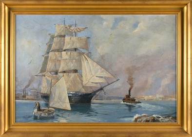 BEN NEILL (Massachusetts, 1914-2001), Harbor scene., Oil on board, 23.5" x 35.5". Framed 29" x 41".