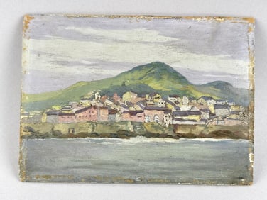 AMERICAN SCHOOL (Late 19th/Early 20th Century,), Seaside village., Oil on board, 5.75" x 8".