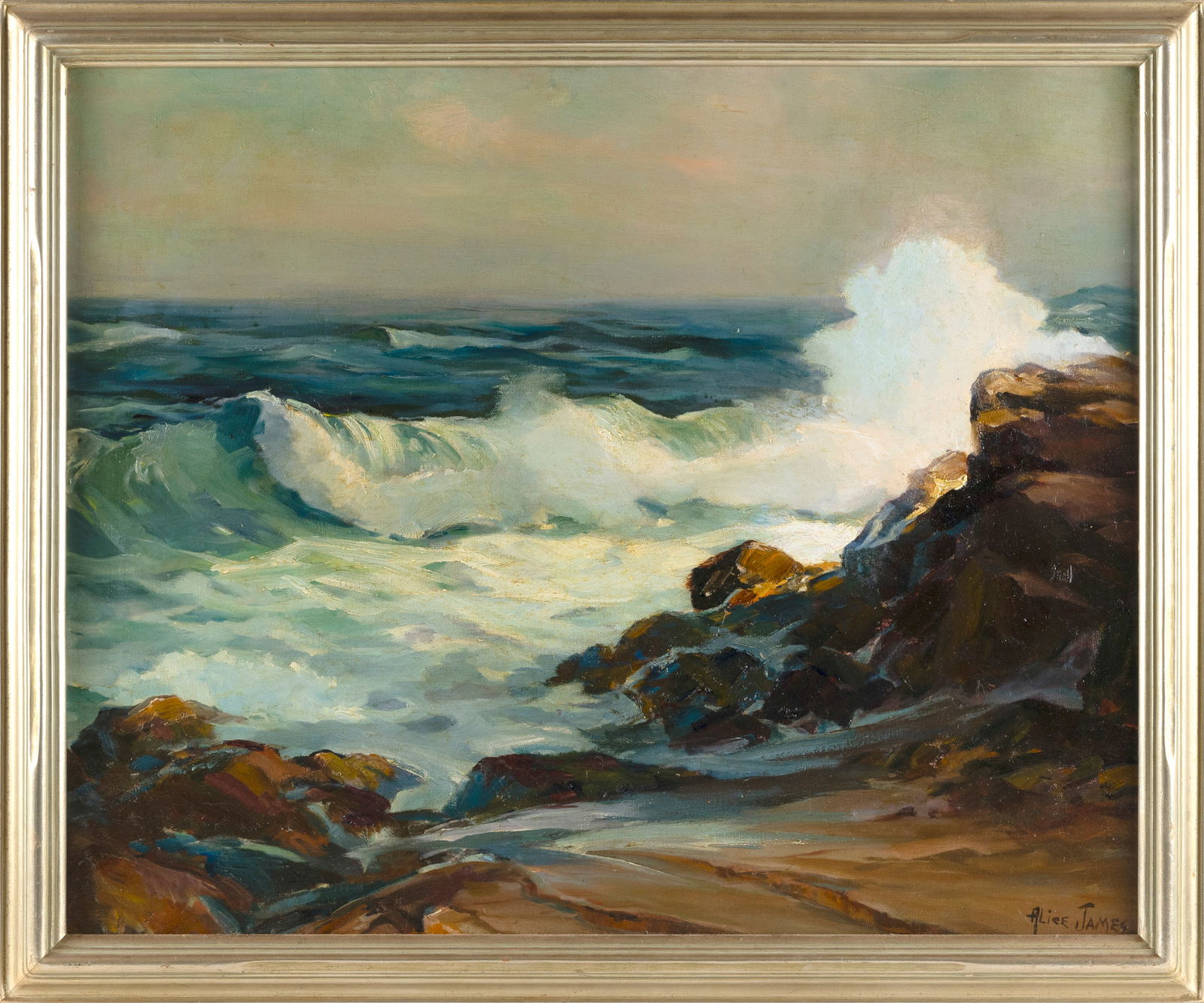 ALICE ESTELLE MOFFATT JAMES (Massachusetts, 1889-1970), "Andrews Point"., Oil on canvas, 24" x 30".: ALICE ESTELLE MOFFATT JAMESMassachusetts, 1889-1970"Andrews Point". Signed lower right "Alice James". Titled verso.Oil on canvas, 24" x 30". Framed 28" x 34".