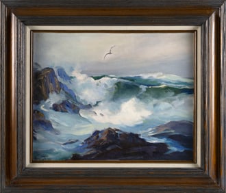 ALICE ESTELLE MOFFATT JAMES (Massachusetts, 1889-1970), "Maine Coast"., Oil on masonite, 16" x 20".