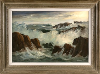 ROBERT BENHAM (Massachusetts, 1908-2002), "Turbulent Surf, Bass Rocks"., Oil on canvas, 20" x 30.5".