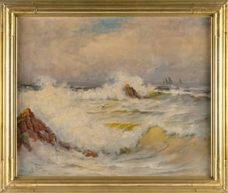 AMERICAN SCHOOL (20th Century,), Waves crashing against a rocky coast, with birds and ships in the