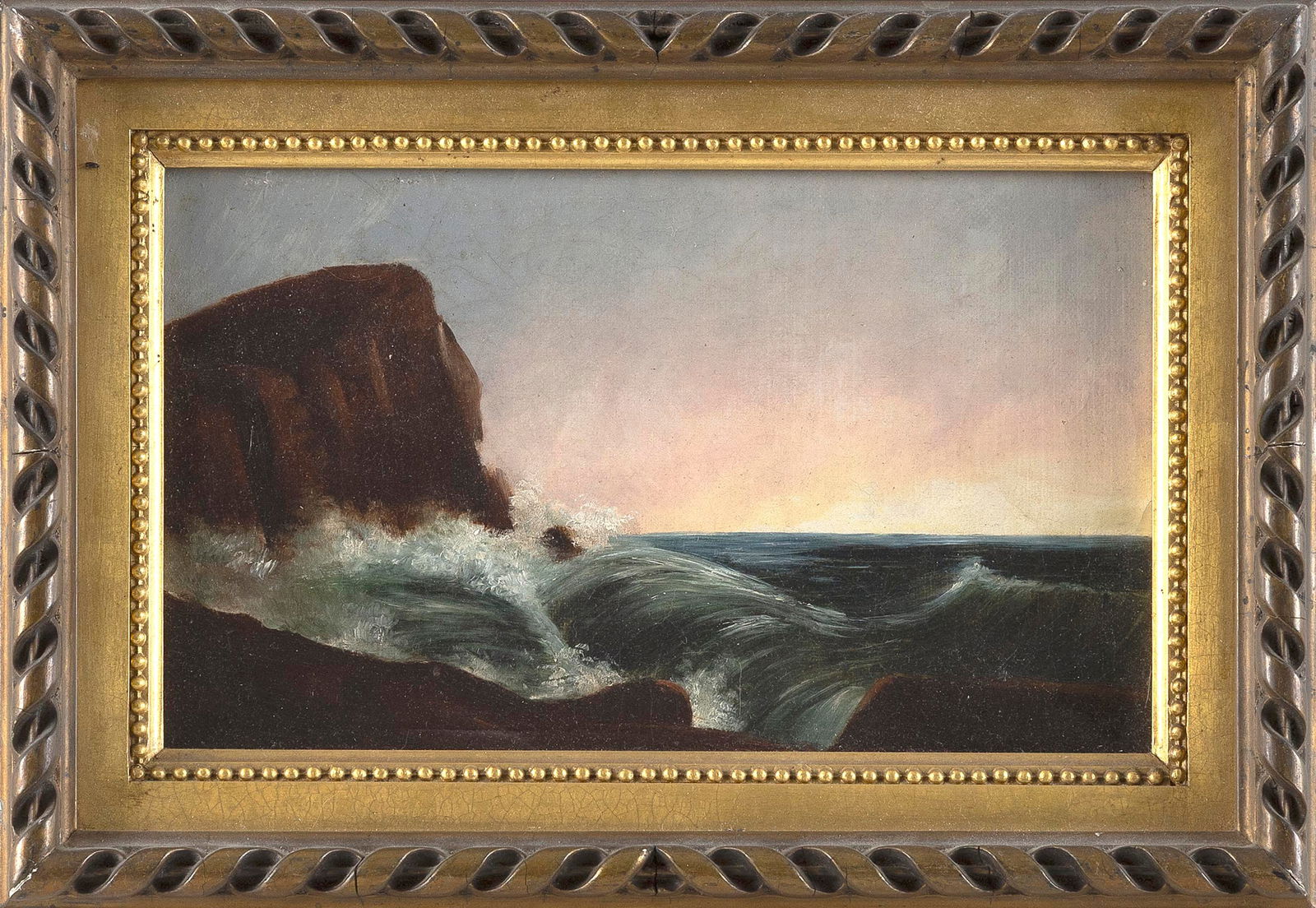AMERICAN SCHOOL (Late 19th Century,), Sunset seascape., Oil on canvas, 6" x 10". Framed 8.5" x (1 of 2)