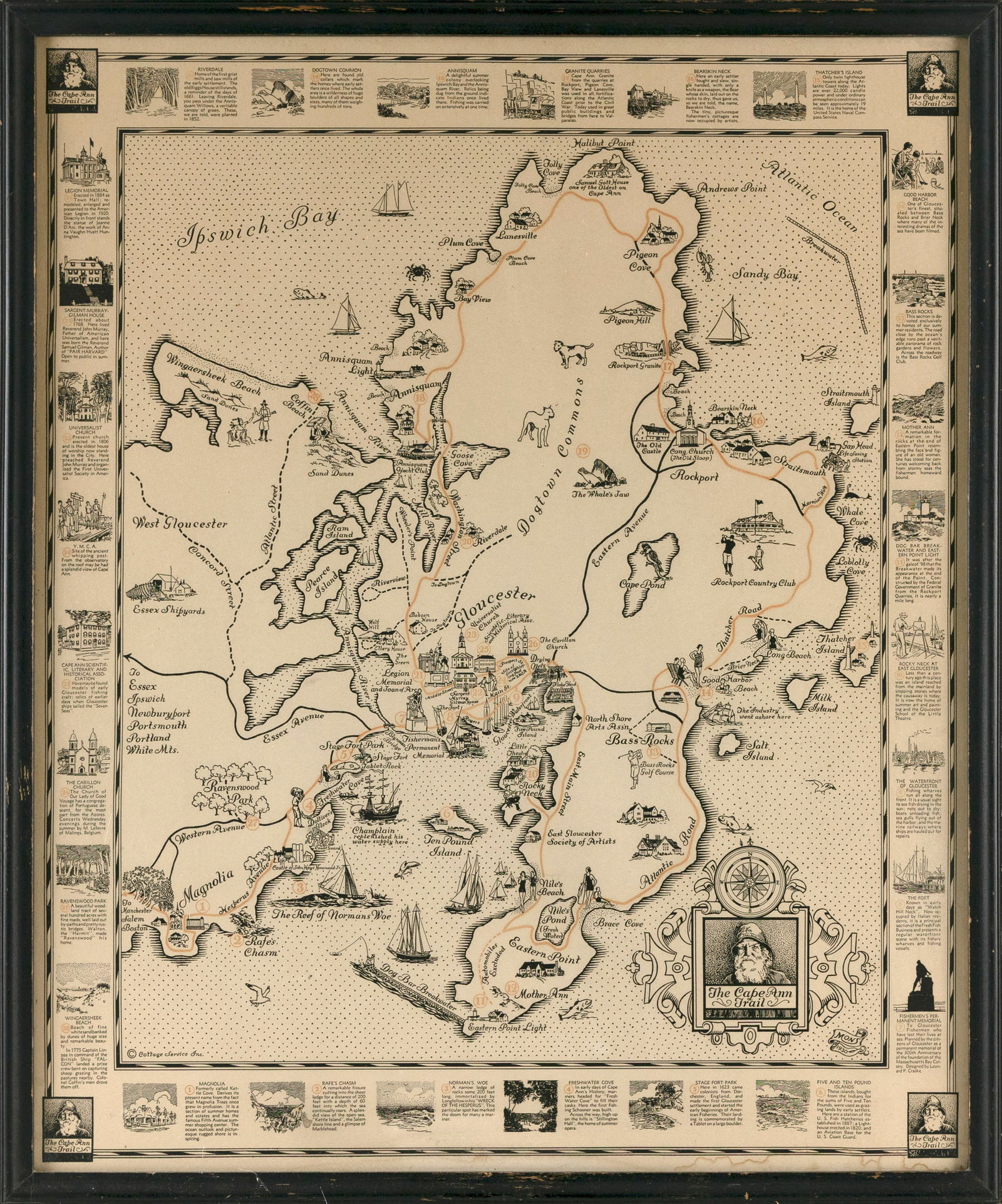 MAP OF CAPE ANN, MASSACHUSETTS Dated 1930 24" x 20" sight. Framed 26" x 22".: MAP OF CAPE ANN, MASSACHUSETTSDated 1930Printed by Cottage Services Inc. Highlights the Cape Ann Trail in red, with stops that correspond to vignettes in the pictorial border. Map also includes images