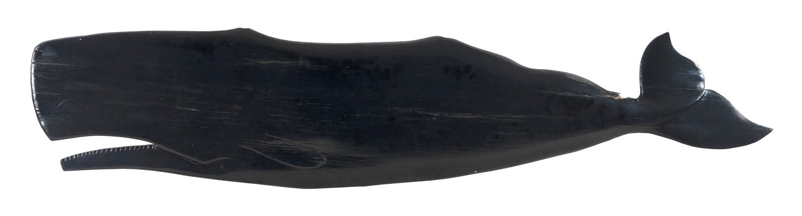 SPERM WHALE PLAQUE 20th Century Length 53.5".: SPERM WHALE PLAQUE20th CenturyCarved from wood but with resin restorations. Hung for many years on a house in Hyannis Port, Massachusetts.Length 53.5".