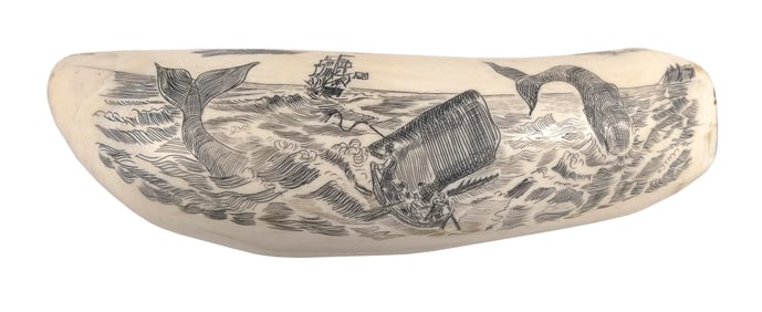 * ENGRAVED WHALE'S TOOTH WITH WHALING SCENE 20th Century Length 6.75".