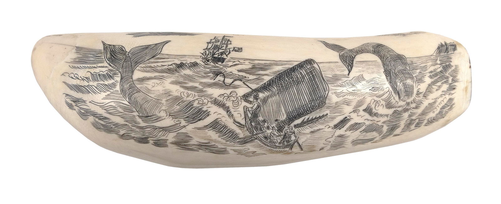 * ENGRAVED WHALE'S TOOTH WITH WHALING SCENE 20th Century Length 6.75". (1 of 2)