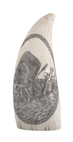 * ENGRAVED WHALE'S TOOTH WITH STOVED BOAT SCENES 20th Century Length 5".