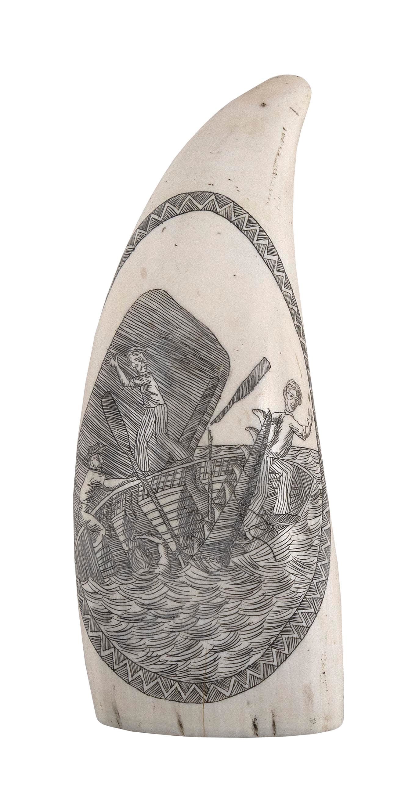 * ENGRAVED WHALE'S TOOTH WITH STOVED BOAT SCENES 20th Century Length 5". (1 of 2)