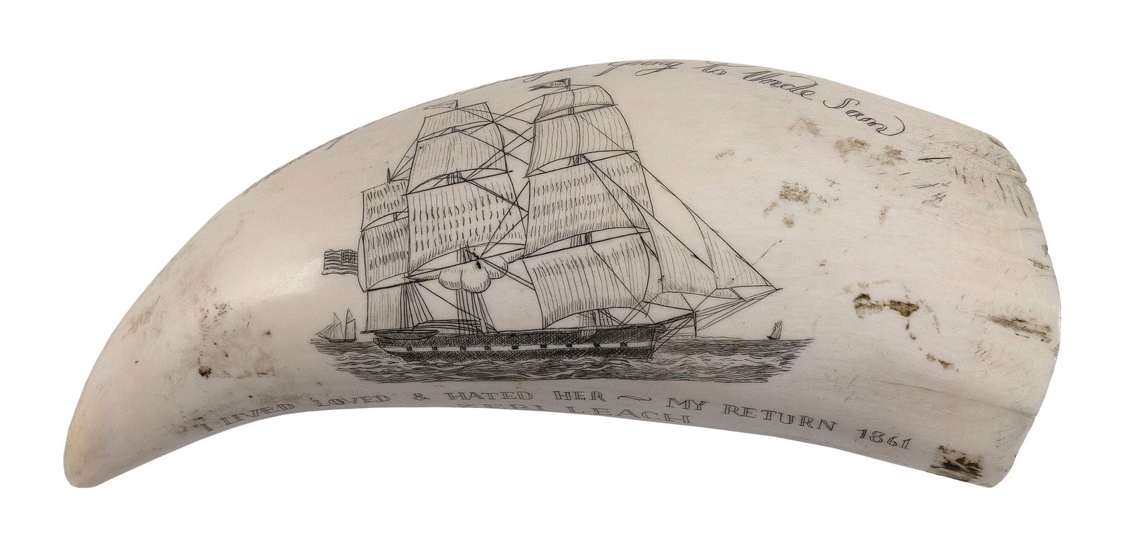 * ENGRAVED WHALE'S TOOTH "WHALESHIP WILLIAM BADGER GOING TO UNCLE SAM" 20th Century Length 5.75". (1 of 4)