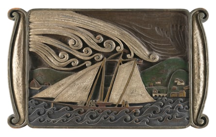 RELIEF-CARVED AND PAINTED PINE PANEL DEPICTING A SAILBOAT BY PANELCARVE (20TH C.)