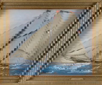 AMERICAN SCHOOL (20th Century,), Schooner under sail., Mixed media, 23.5" x 28.5". Framed 28" x