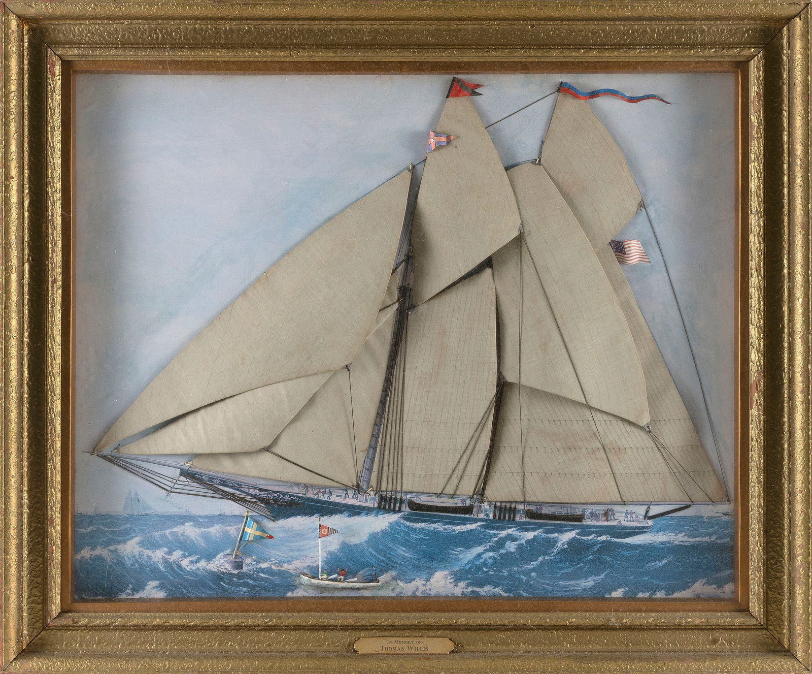 AMERICAN SCHOOL (20th Century,), Schooner under sail., Mixed media, 23.5" x 28.5". Framed 28" x: AMERICAN SCHOOL20th CenturySchooner under sail. Frame plaque marked "In Memory of Thomas Willis". Housed in a shadow box frame.Mixed media, 23.5" x 28.5". Framed 28" x 34.25".