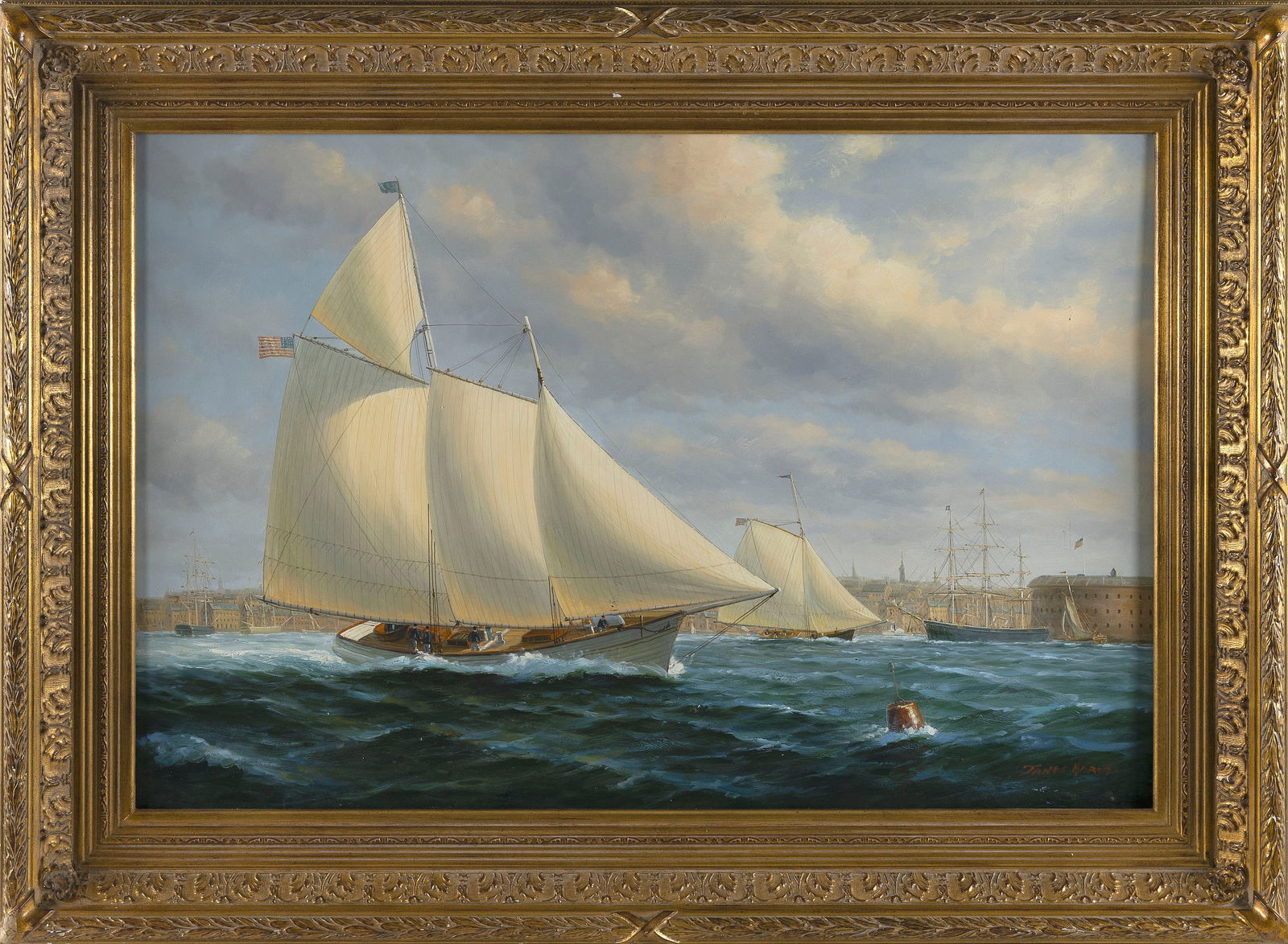 JAMES HARDY (United Kingdom, 1937-), Sailing off New York., Oil on board, 24" x 35.5". Framed 33" x (1 of 2)