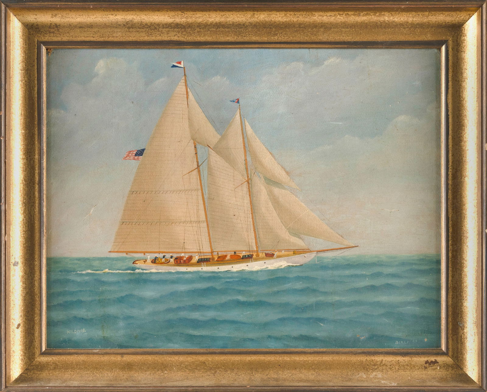 ETHEL MAY DIXIE (Africa, 1876-1973), Yachting scene., Oil on canvas board, 15" x 20". Framed 19" x: ETHEL MAY DIXIEAfrica, 1876-1973Yachting scene. Signed lower right "Dixie".Oil on canvas board, 15" x 20". Framed 19" x 24".