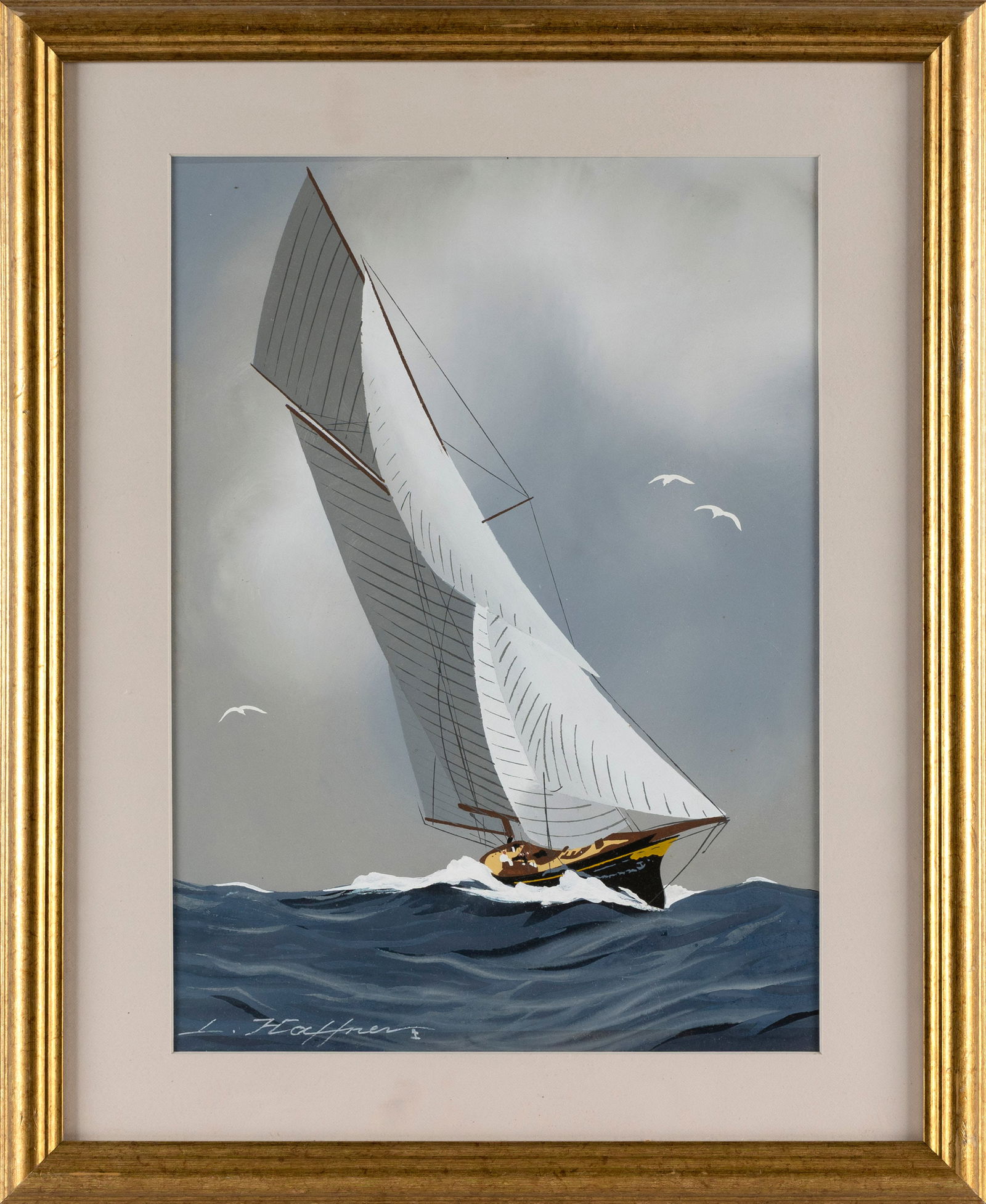 LEON HAFFNER (France, 1881-1972), Sailboat., Gouache on paper, 16" x 12" sight. Framed 22" x 18". (1 of 2)