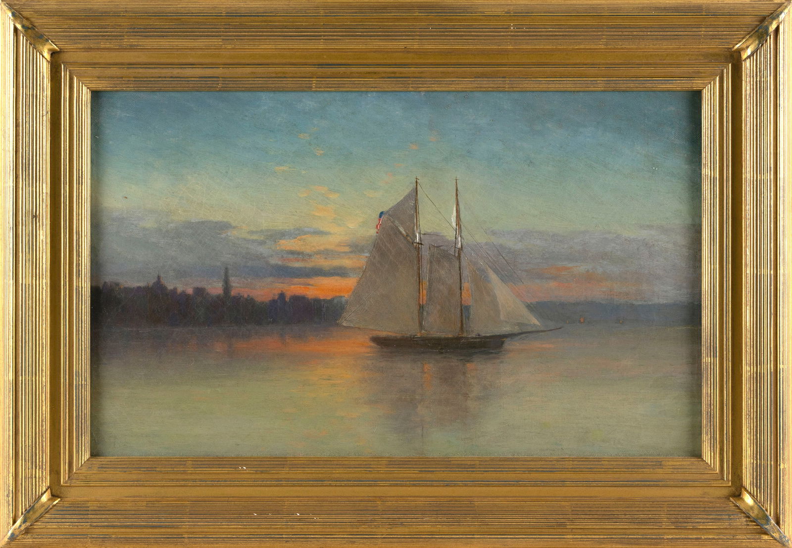 AMERICAN SCHOOL (Late 19th Century,), Coastal scene at dusk., Oil on canvas, 12" x 20". Framed (1 of 2)