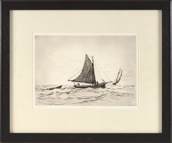 REYNOLDS BEAL (Massachusetts/Rhode Island, 1866/67-1951), Gathering of sloops, 1928., Etching, 8.75"