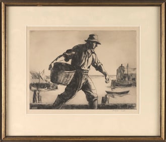 GIFFORD REYNOLDS BEAL (New York, 1879-1966), Fisherman with basket., Etching on paper, 9.5" x 12.5"