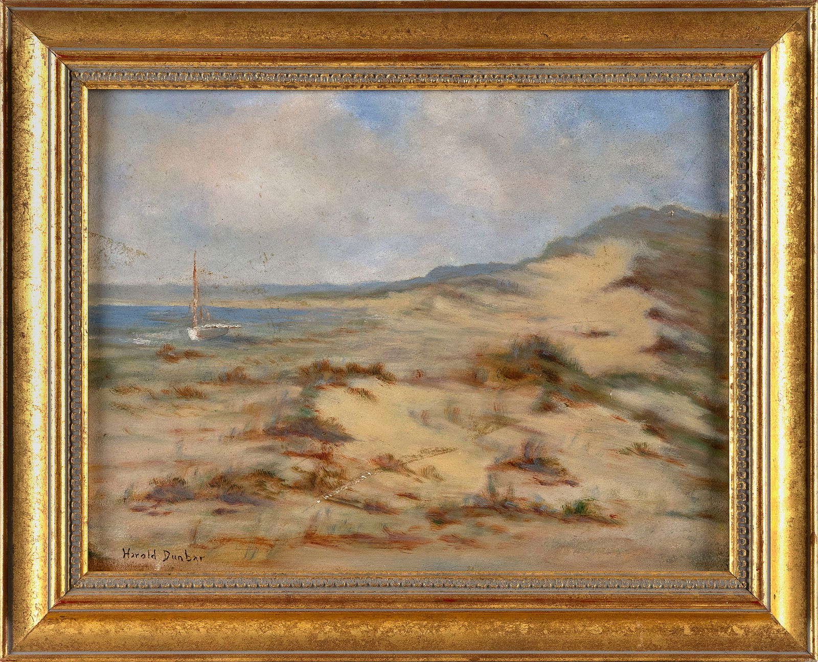 HAROLD C. DUNBAR (Massachusetts, 1882-1953), "Hazy Day"., Oil on board, 12" x 16". Framed 16" x 20".: HAROLD C. DUNBARMassachusetts, 1882-1953"Hazy Day". Signed lower left "Harold Dunbar".Oil on board, 12" x 16". Framed 16" x 20".
