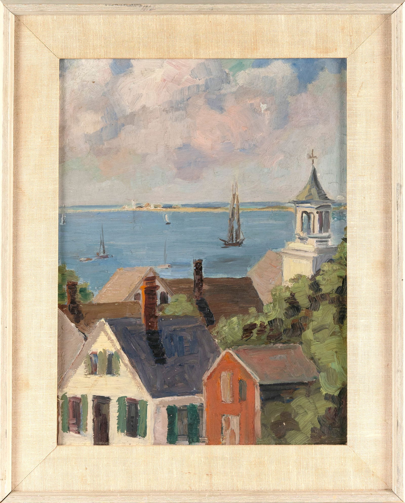 AMERICAN SCHOOL (Circa 1920,), Looking over Provincetown, Massachusetts toward Race Point., Oil on: AMERICAN SCHOOLCirca 1920Looking over Provincetown, Massachusetts toward Race Point. Unsigned.Oil on canvas board, 16" x 12". Framed 20.5" x 16.5".
