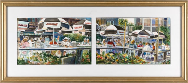 SELMA ALDEN (Massachusetts, Contemporary), Outdoor cafe diptych., Watercolor on paper, 9" x 30.5"