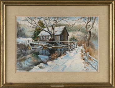 ROBERT BROOKS (Massachusetts, 1922-1992), "Winter Mill (Old Brewster Mill)"., Watercolor on paper,