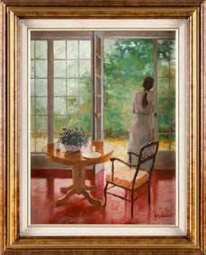 G.K. HOLDEN (America, 1901-2000), A woman standing just inside a French door., Oil on canvas, 16" x