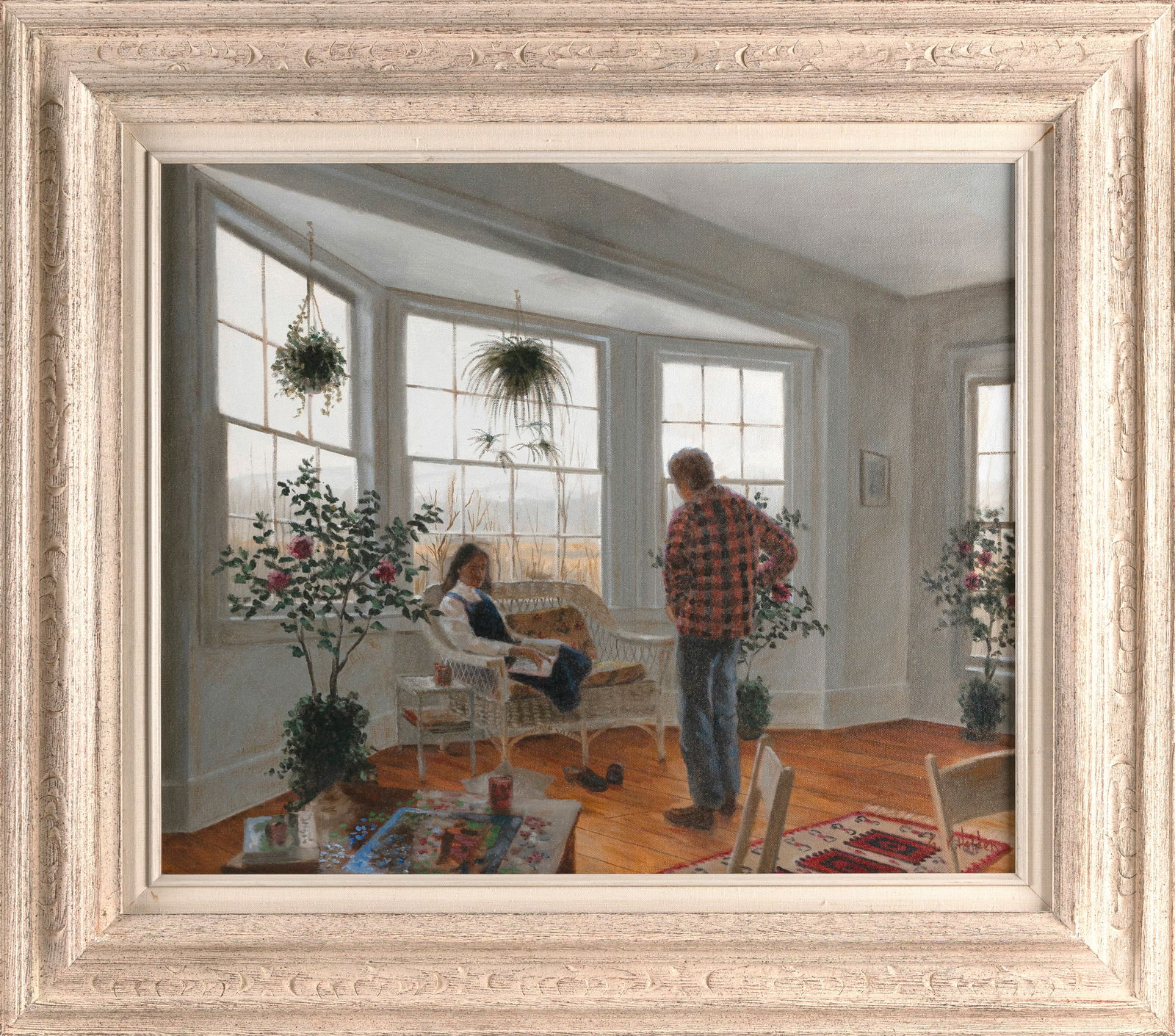 G.K. HOLDEN (America, 1901-2000), Couple reading books and working on a puzzle., Oil on canvas, 20" (1 of 2)