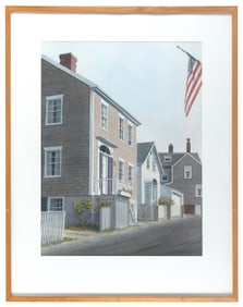 GREGORY DUNHAM (Massachusetts/Maine, 1946-), Street lined with houses and an American flag.,