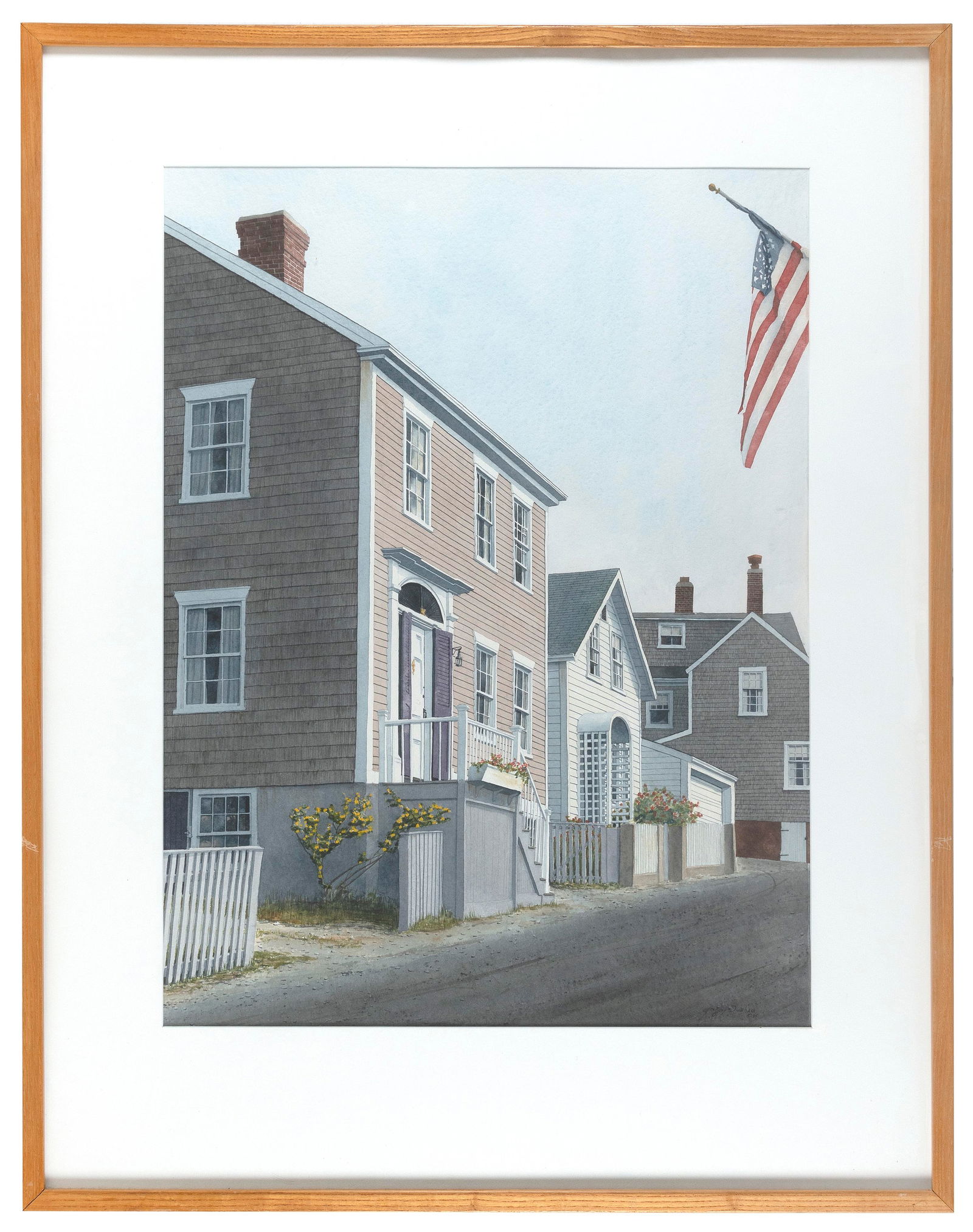 GREGORY DUNHAM (Massachusetts/Maine, 1946-), Street lined with houses and an American flag., (1 of 2)
