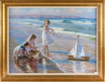 L. MICHEL (America, Contemporary), Girls playing with a toy boat at the beach., Oil on canvas, 24" x
