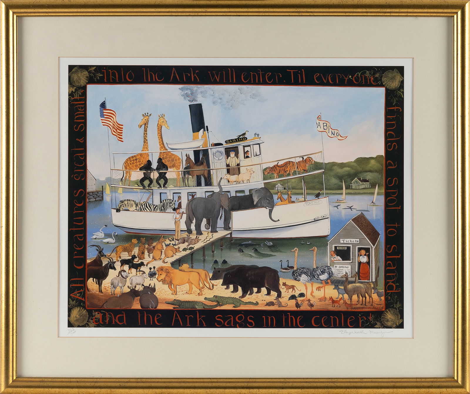 ELIZABETH MUMFORD (Massachusetts, 1950-2020), Print "All Creatures Great & Small"., 16" x 20".: ELIZABETH MUMFORDMassachusetts, 1950-2020Print "All Creatures Great & Small". Signed lower right "Elizabeth Mumford". Numbered 353/700.16" x 20". Framed 22.5" x 27".