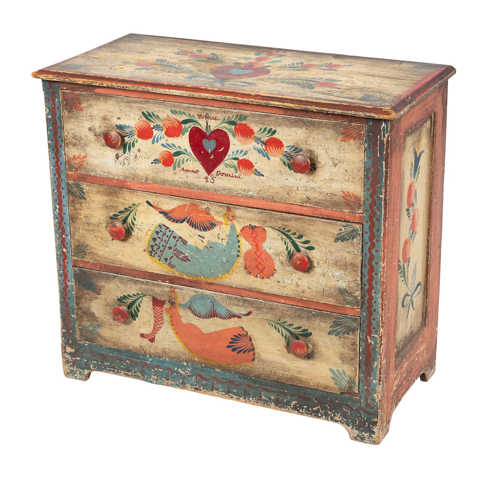 PETER HUNT (Massachusetts, 1896-1967), Pine three-drawer cottage bureau with painted decoration.,: PETER HUNTMassachusetts, 1896-1967Pine three-drawer cottage bureau with painted decoration. "Tout vient a point a qui sait attendre" (everything comes to those who wait) in the artist's hand on top. H