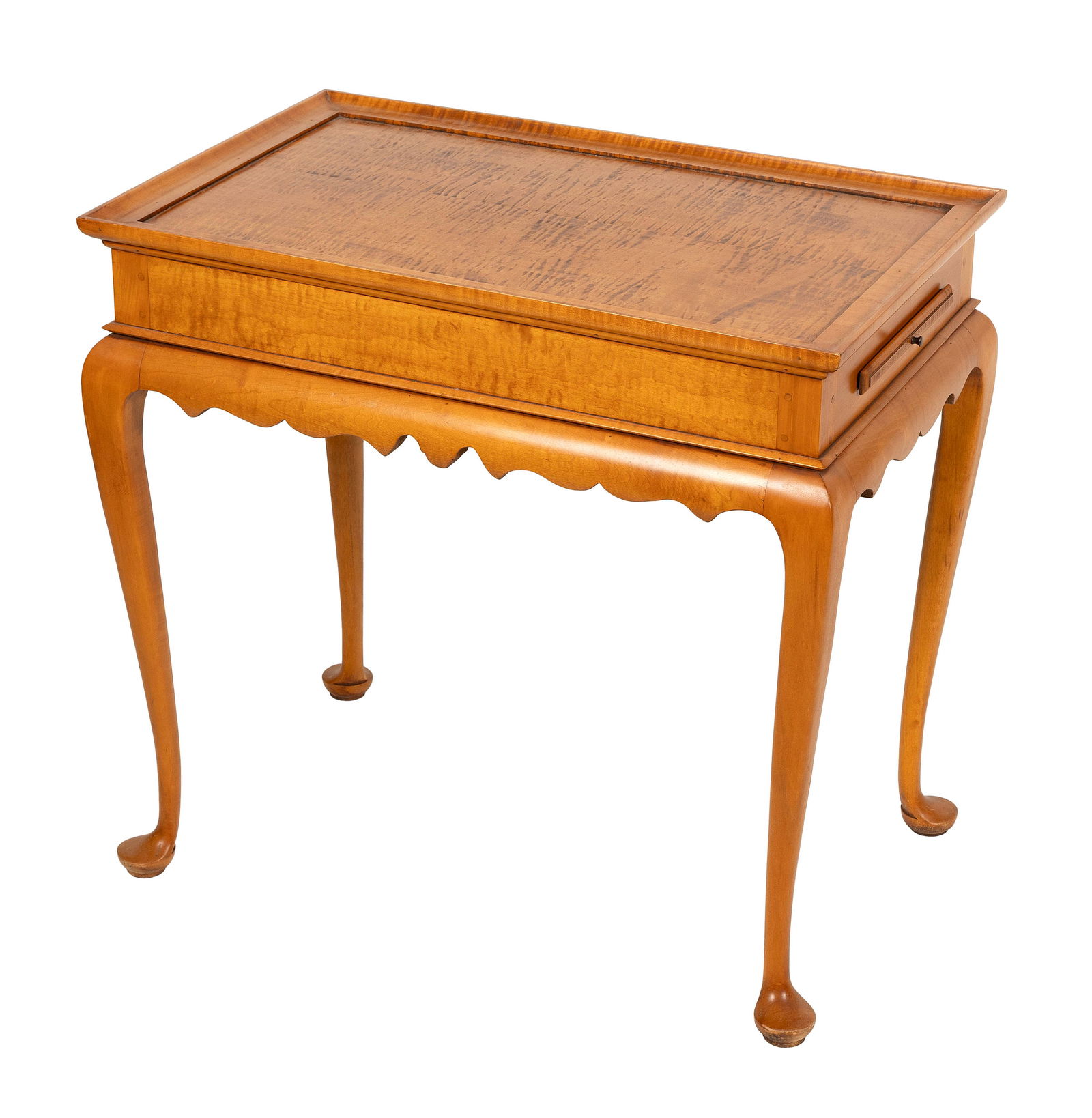 ELDRED WHEELER TIGER MAPLE TEA TABLE Massachusetts, 20th Century Height 26.5". Length 28". Width: ELDRED WHEELER TIGER MAPLE TEA TABLEMassachusetts, 20th CenturyOriginal label.Height 26.5". Length 28". Width 18".