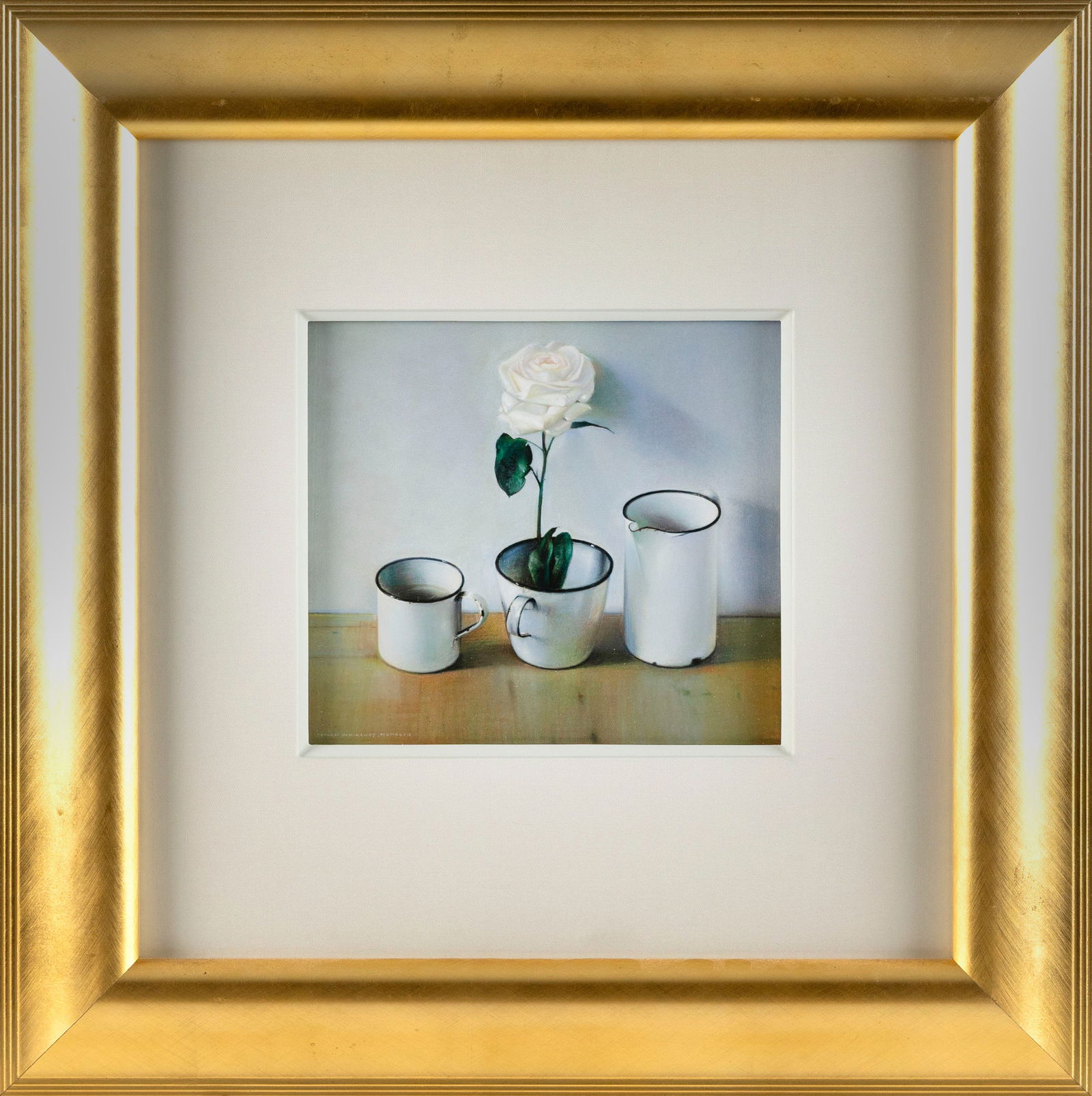 ANDREW HEMINGWAY (United Kingdom, 1955-), "Still Life with Three Enamel Cups and Vivaldi Rose"., (1 of 2)