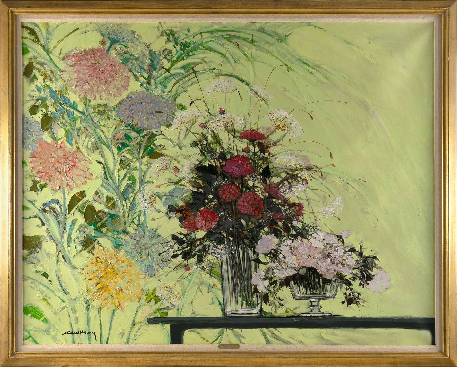 MICHEL HENRY (France, 1928-2016), "Roses De Chine"., Oil on canvas, 44" x 57". Framed 50.5" x 63". (1 of 2)