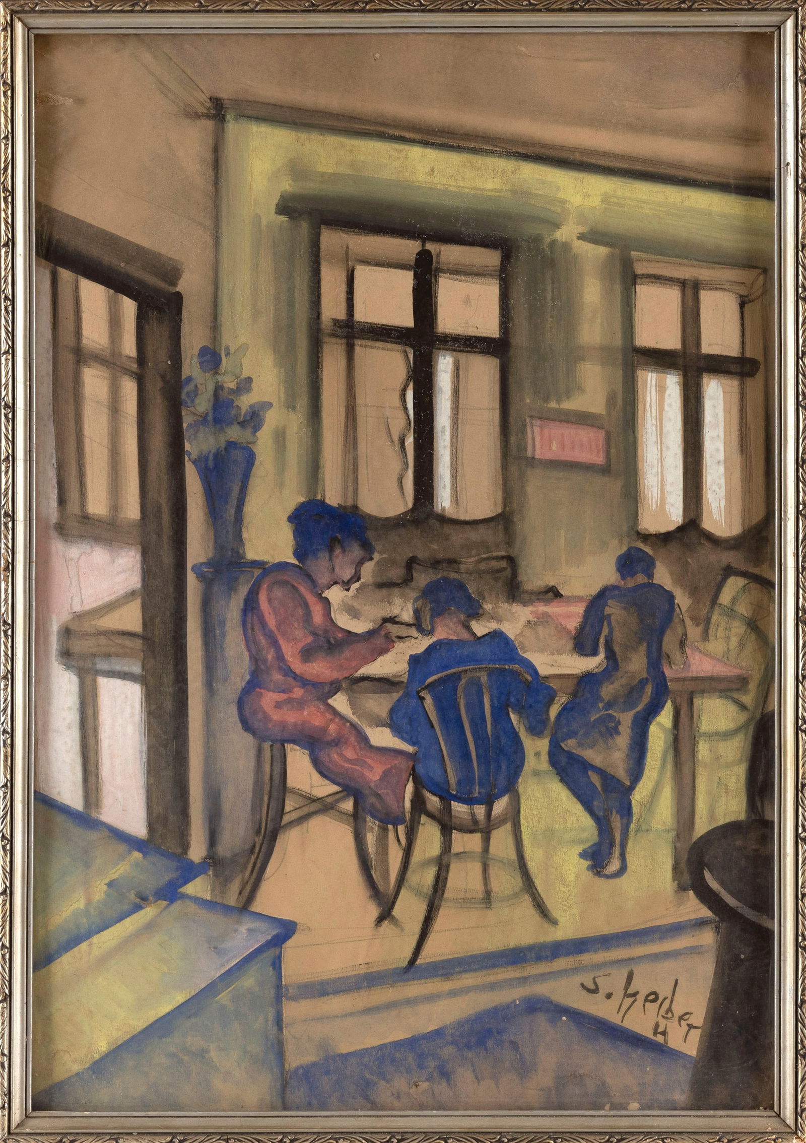 HUGO SCHEIBER (Hungary/Austria, 1873-1950), Interior scene with women hunched over a table.,: HUGO SCHEIBERHungary/Austria, 1873-1950Interior scene with women hunched over a table. Signed lower right.Watercolor on paper, 23" x 16.5". Framed 24.25" x 17".