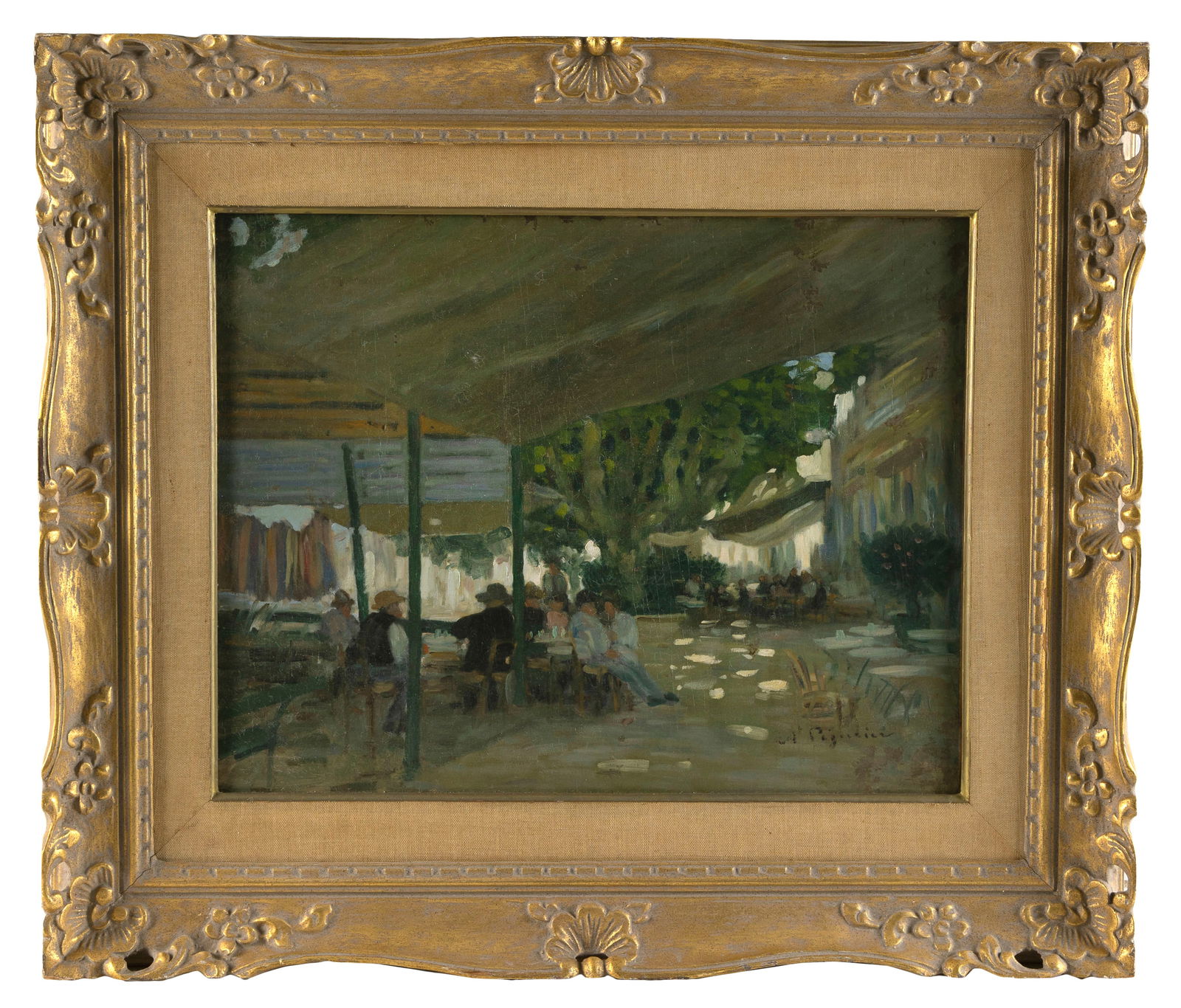 AUGUSTE PEGURIER (France, 1856-1936), Un Caf? ? Saint-Maxime., Oil on canvas, 18" x 24". Framed 28" (1 of 2)