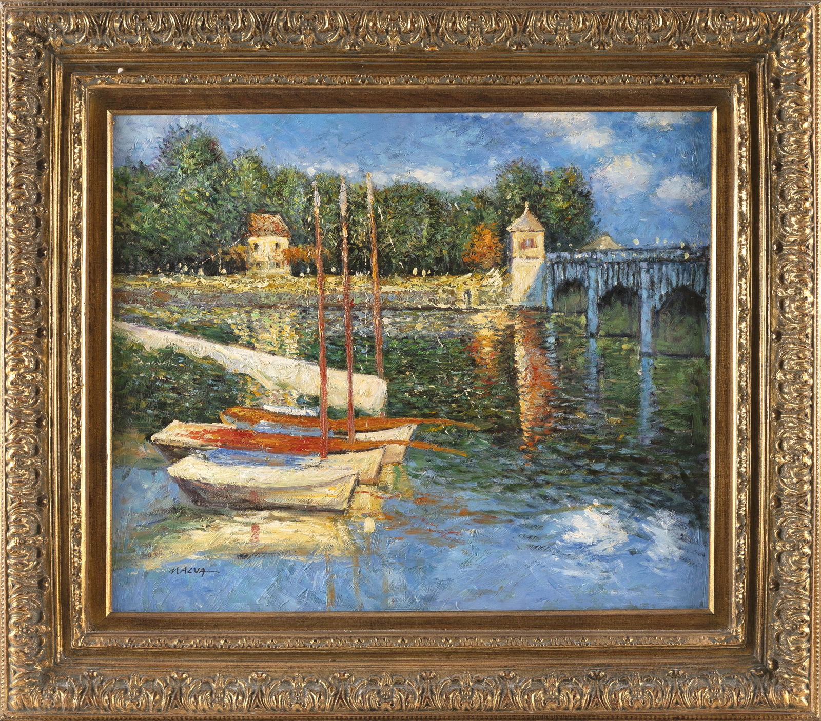 OMAR HAMDI MALVA (Syrian Arab Republic/Austria, 1951-2015), Sailboats moored in a river., Oil on: OMAR HAMDI MALVASyrian Arab Republic/Austria, 1951-2015Sailboats moored in a river. Signed lower left "Malva".Oil on canvas, 20" x 24". Framed 28" x 32".