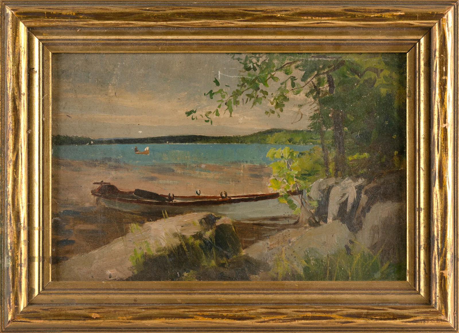 ENGLISH SCHOOL (Early 20th Century,), Dory beached on the shores of a lake., Oil on board, 9" x 14". (1 of 2)