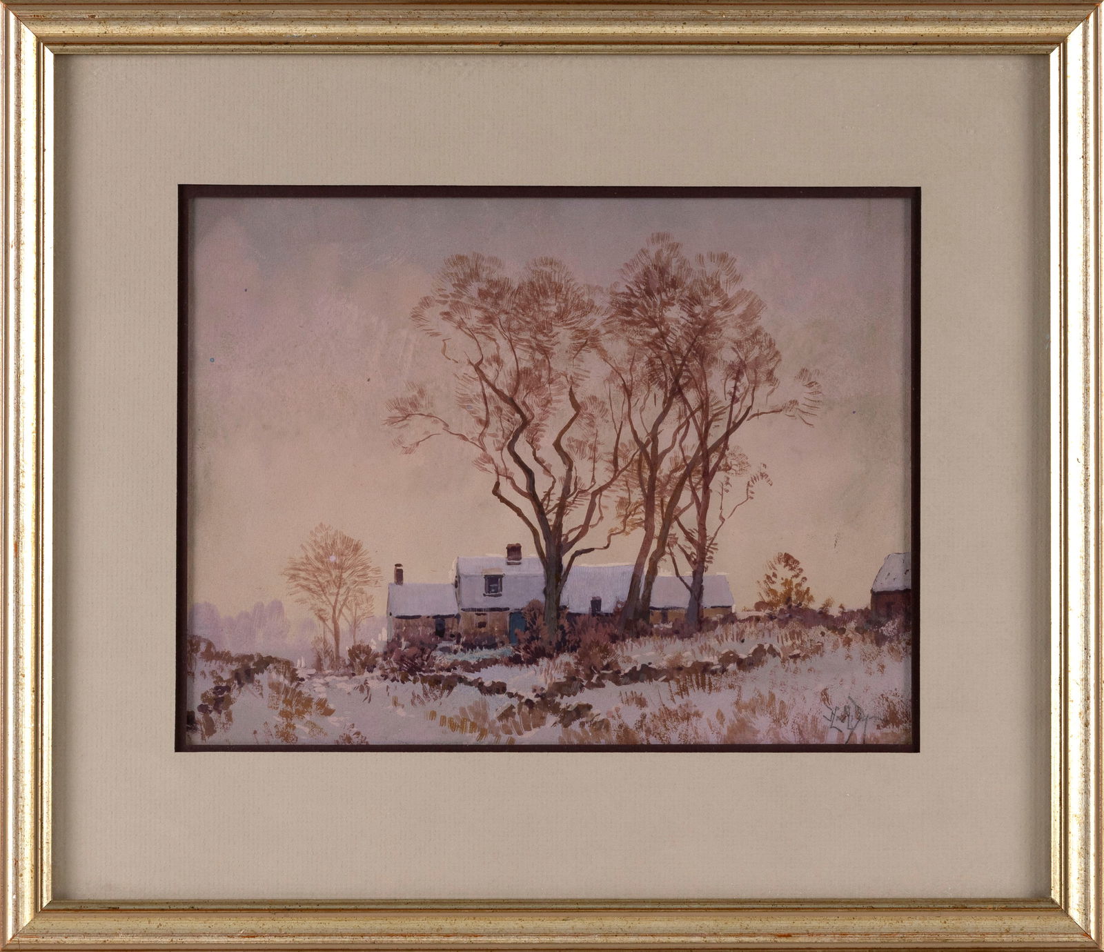 HEZEKIAH ANTHONY DYER (Rhode Island/Europe, 1872-1943), Winter landscape with house, trees and stone: HEZEKIAH ANTHONY DYERRhode Island/Europe, 1872-1943Winter landscape with house, trees and stone walls. Signed lower right "H.A.D.".Watercolor, 8.25" x 11" sight. Framed 14.25" x 17".