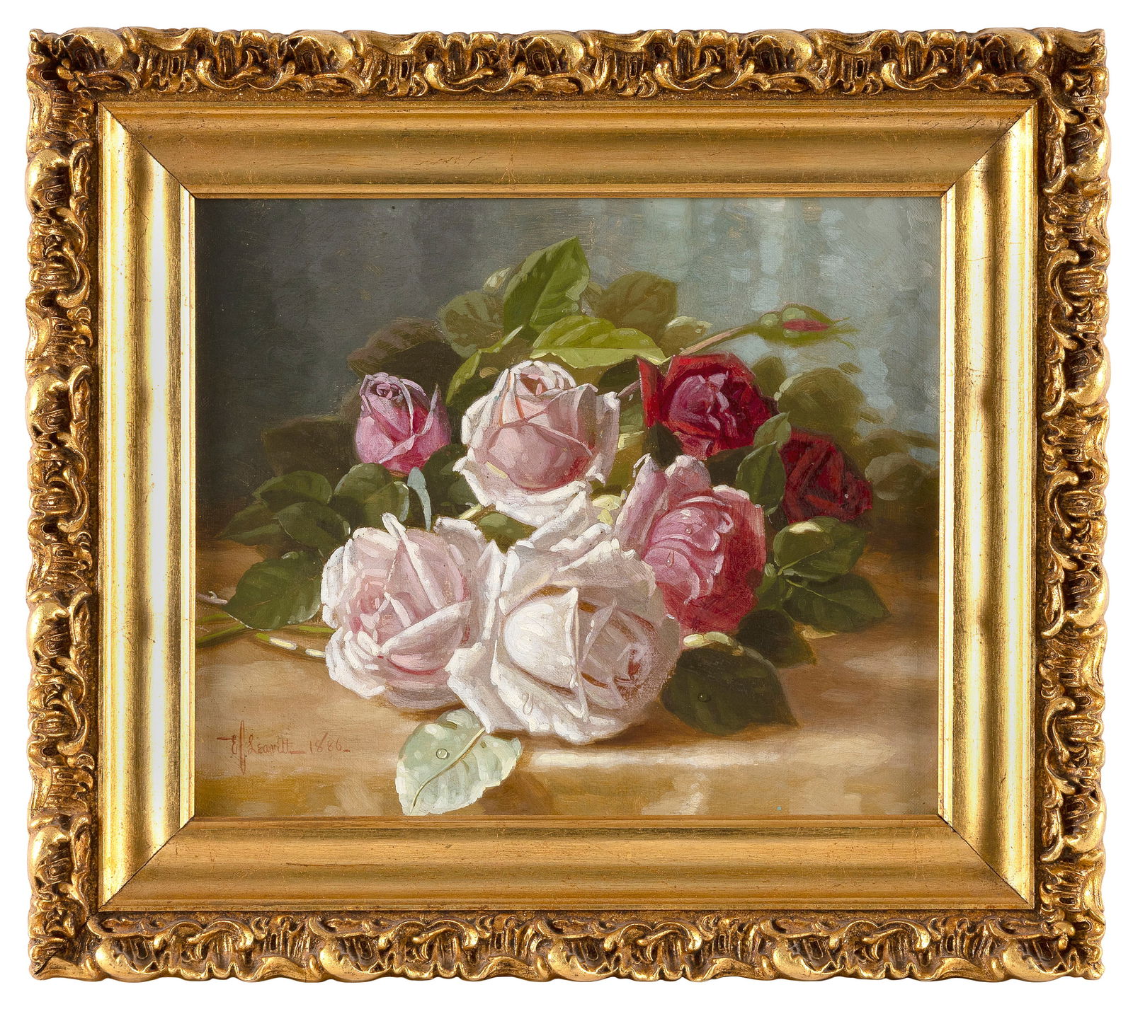 EDWARD CHALMERS LEAVITT (Rhode Island, 1842-1904), Still life of roses on a table., Oil on canvas,: EDWARD CHALMERS LEAVITTRhode Island, 1842-1904Still life of roses on a table. Signed and dated 1886 lower left.Oil on canvas, 10" x 12". Framed 14.75" x 16".