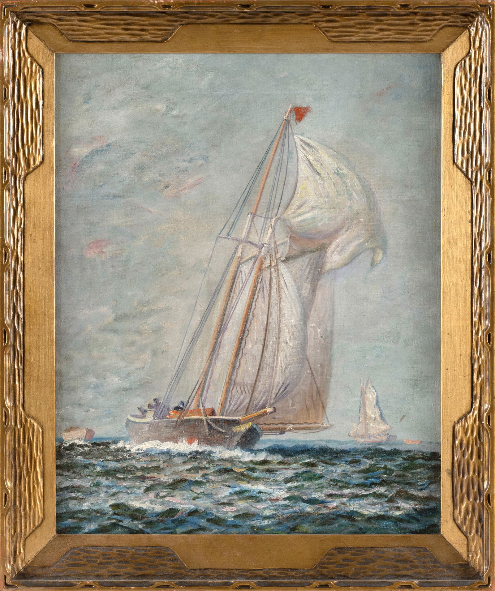 JAMES GALE TYLER (Connecticut/New York, 1855-1931), Two-masted vessel towing a dory., Oil on canvas, (1 of 2)