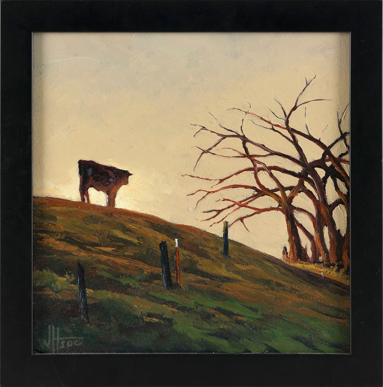 AMERICAN SCHOOL (20th Century,), Cow on a hillside., Oil on board, 12" x 12". Framed 14" x 14".: AMERICAN SCHOOL20th CenturyCow on a hillside. Signed illegibly lower right.Oil on board, 12" x 12". Framed 14" x 14".
