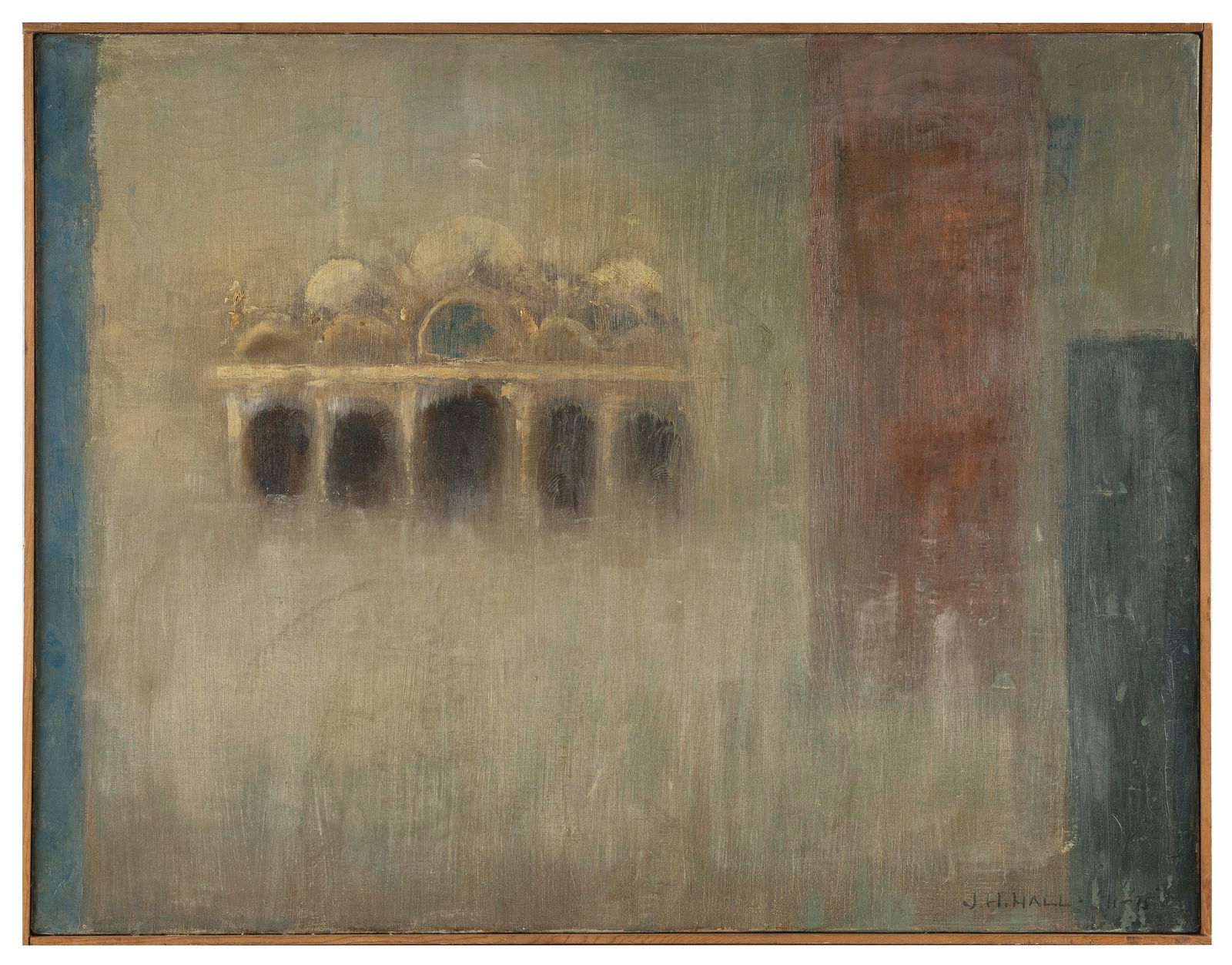 JACK HUGHES HALL (America, 1916-2003), Abstract with mosque., Oil on canvas, 22" x 28". Framed 22.5" (1 of 2)