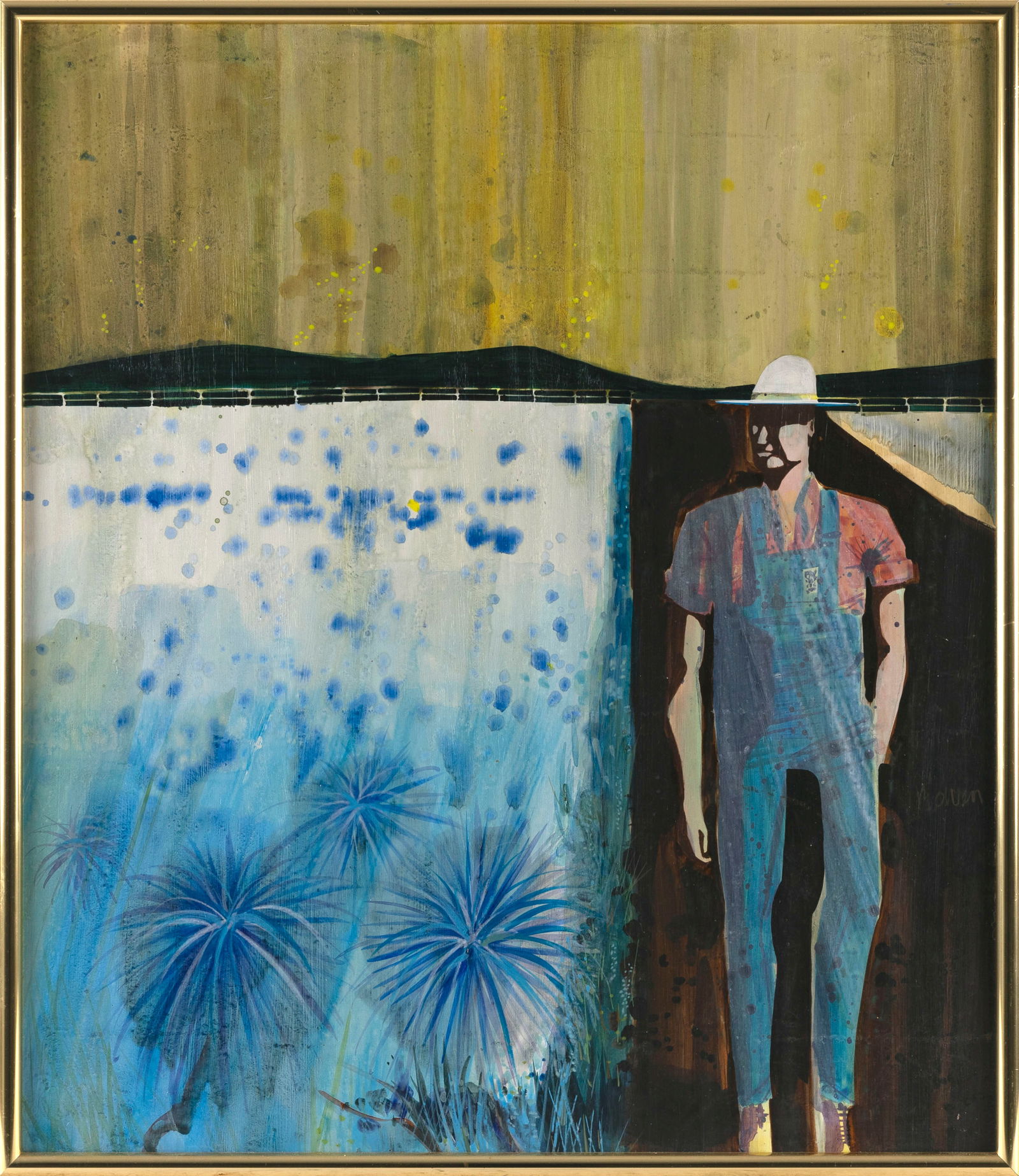 PAUL BOWEN (Massachusetts, 1951-), Farmer in a stylized landscape., Mixed media on board, 27.5" x (1 of 2)