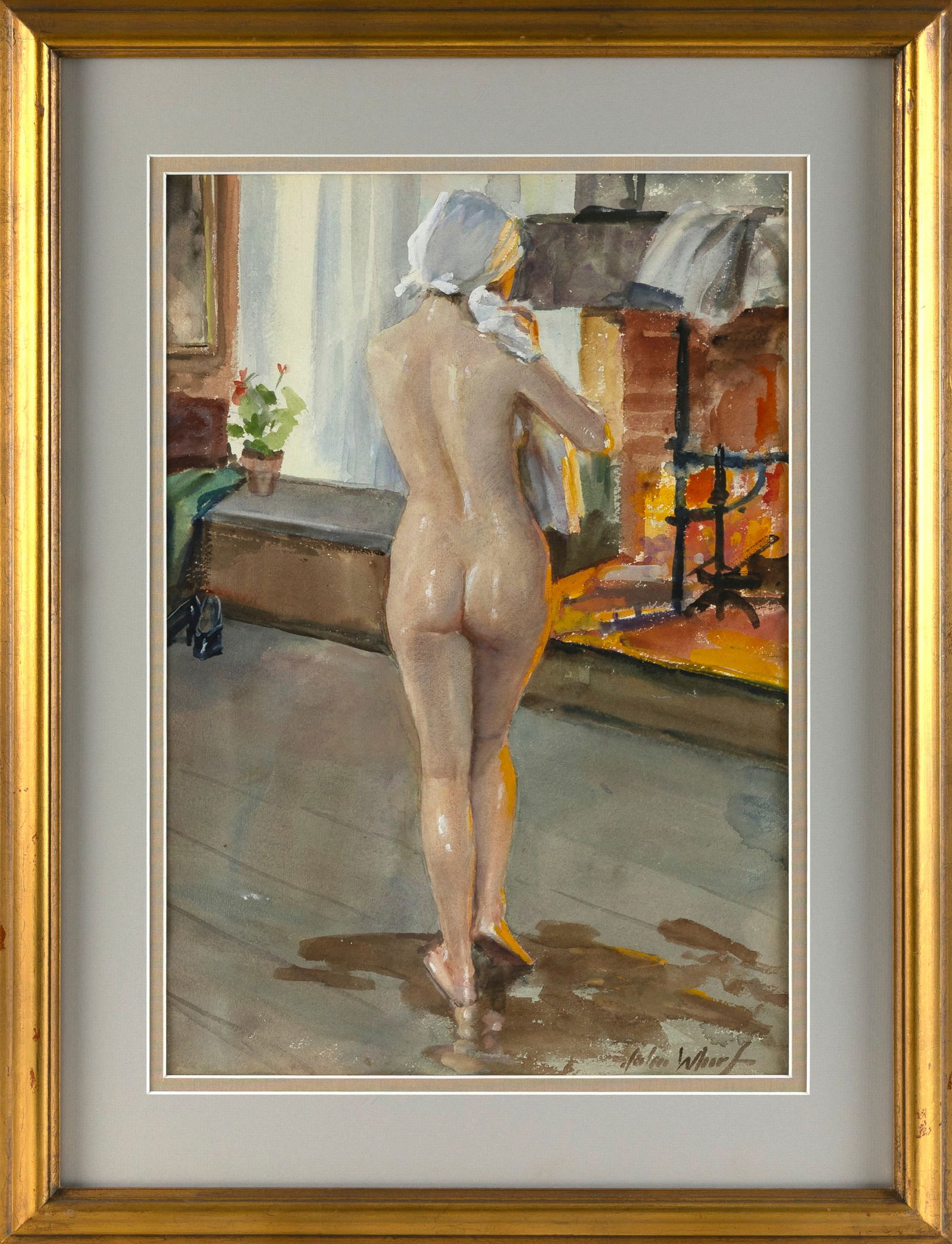 JOHN WHORF (Massachusetts, 1903-1959), Nude by the fireplace., Watercolor on paper, 20.5" x 13.5".: JOHN WHORFMassachusetts, 1903-1959Nude by the fireplace. Signed lower right "John Whorf".Watercolor on paper, 20.5" x 13.5". Framed 28.5" x 21.5"